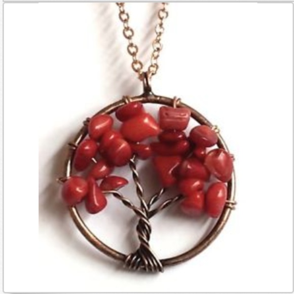 Red Coral Gemstone Chip Tree of Life Necklace 20" Celtic Rose Gold Copper Plated - Picture 1 of 8